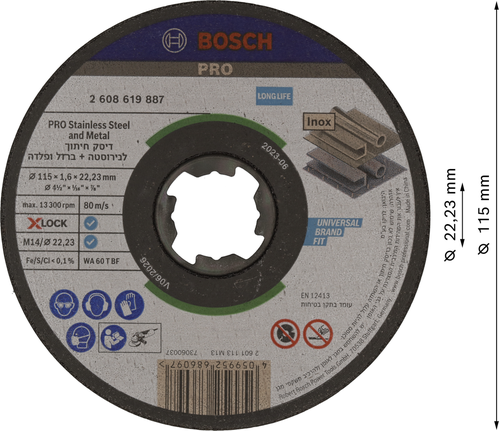 Disco de corte Bosch PRO X-Lock para acero inoxidable y metal de 115 mm.